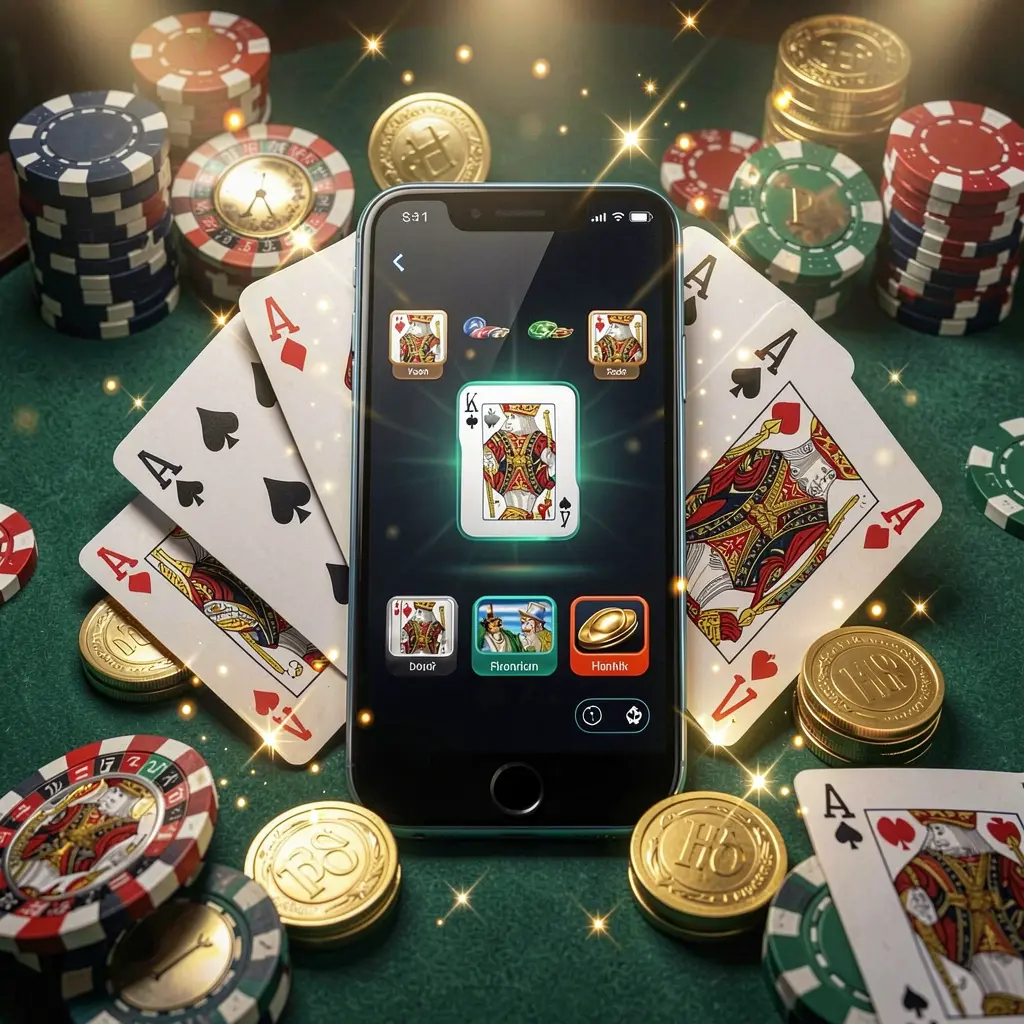 79BD mobile gaming application concept showing a smartphone surrounded by playing cards, roulette chips, gold coins, and sparkling lights in a premium casino style