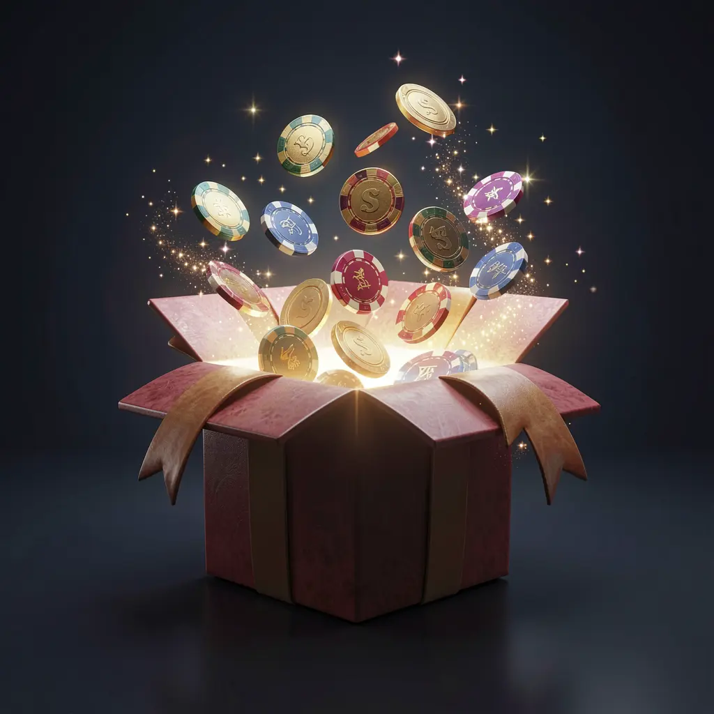 79BD no deposit bonus visual showing free casino chips emerging from a glowing gift box with magical sparkles on a dark premium background in a realistic 3D render