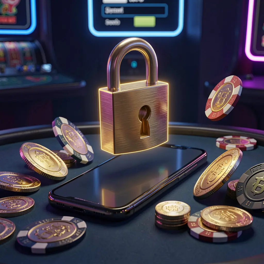 79BD casino login security image showing a glowing padlock floating above a smartphone with golden coins and chips scattered around on a dark blue neon background in a premium realistic 3D render