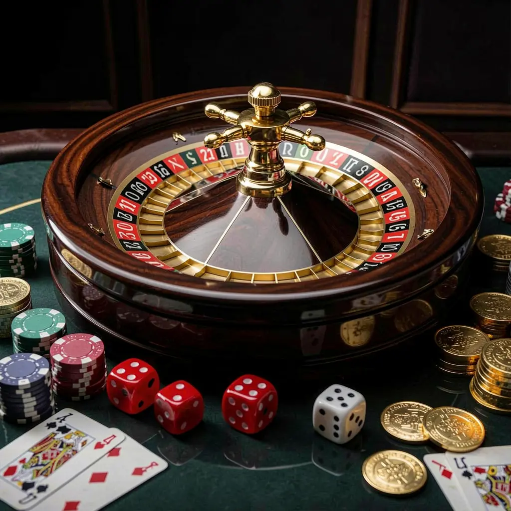 79BD premium casino homepage scene with a roulette wheel spinning on a glossy table surrounded by poker chips, dice, cards, and golden coins against an elegant dark background with cinematic lighting